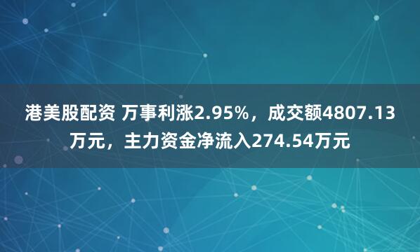 港美股配资 万事利涨2.95%，成交额4807.13万元，主力资金净流入274.54万元